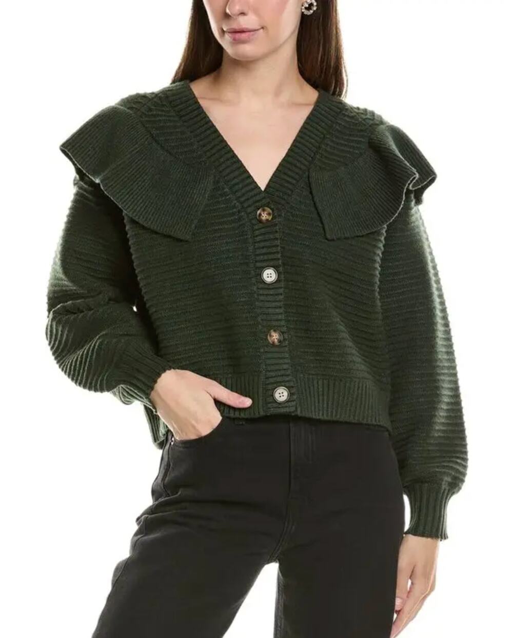 Crosby by Mollie Burch Karrington Sweater Women S Green Rib-Knit Ruffle Cardigan
